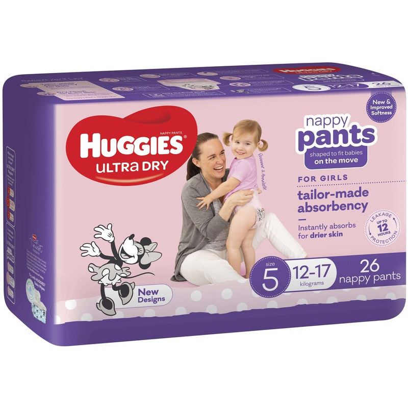 Huggies Ultra Dry Nappy Pants Walker Girl Size 5 12-17kg | Pack of 26