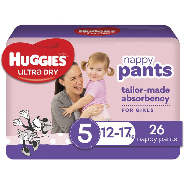 Huggies Ultra Dry Nappy Pants Walker Girl Size 5 12-17kg | Pack of 26