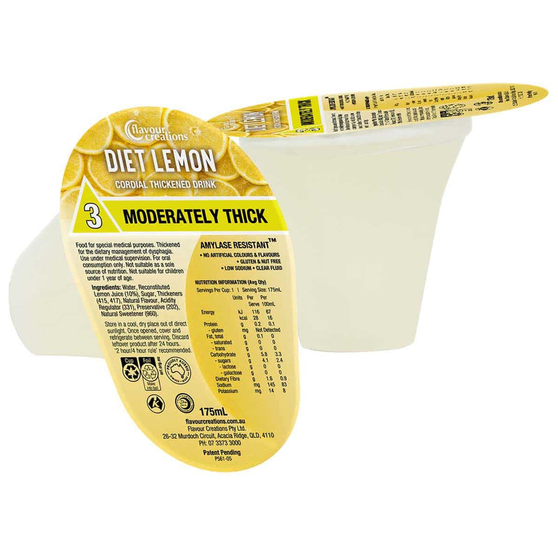 Flavour Creations Ready-To-Drink Diet Lemon Cordial Moderately Thick/Level 3, 175mL Cups | Carton of 24