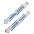 A pair of Hollister fabric leg bag straps predominately white with blue strips for easy securement. 