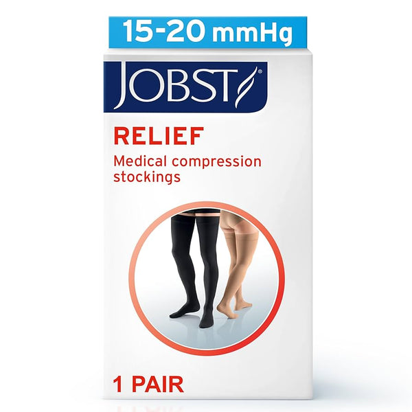JOBST Relief Thigh High Open Toe Compression Stocking with Silicone Band in Black 15-20mmHg | 1 Pair