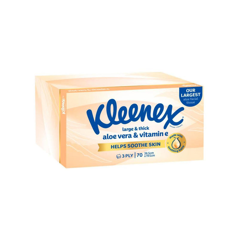 Kleenex Facial Tissues Aloe Vera & Vitamin E Large N Thick 3 Ply, 70 tissues per pack | Carton of 24 packs