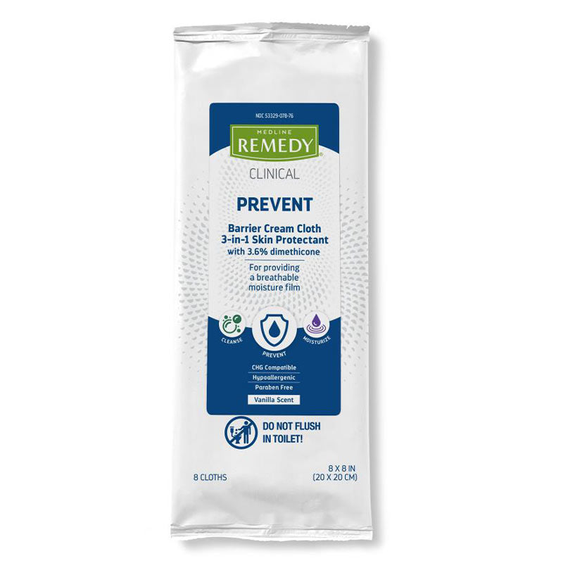 Medline Remedy Clinical Prevent 3-in-1 Barrier Cream Cloth Vanilla Scent | 8 pack