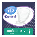 Pack of iD Discreet super pads with packaging details on a dark blue background