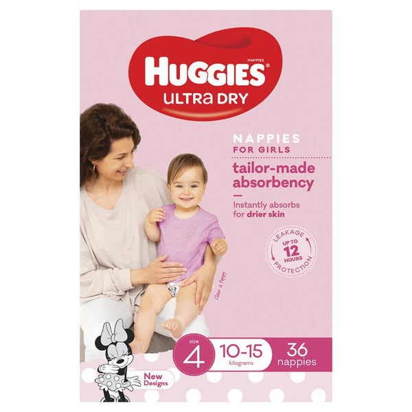 Huggies Ultra Dry Nappies Toddler Girl Size 4 10-15kg | 36 Pack